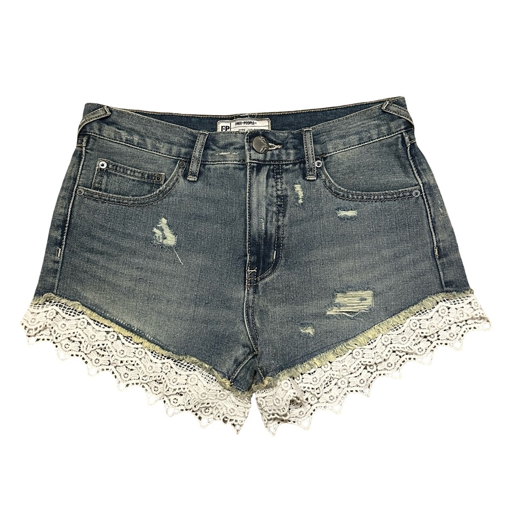 Free People Lace Trim Distressed Denim Shorts Boho Festival Hippie Size 24